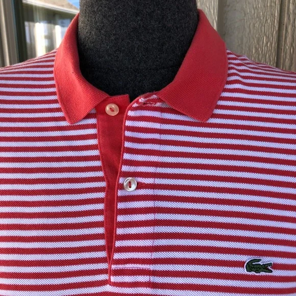 LACOSTE Men’s Coral & White Micro-Stripe Cotton Pique Knit Shirt - Size EU6/US L - Picture 3 of 12